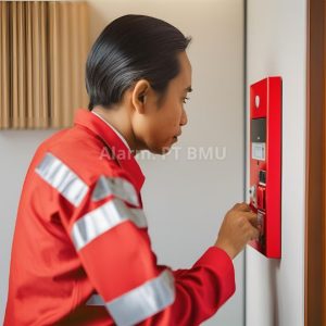 Teknisi Sedang Memasang Fire Alarm Panel