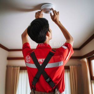 Teknisi Sedang Memasang Smoke Detector